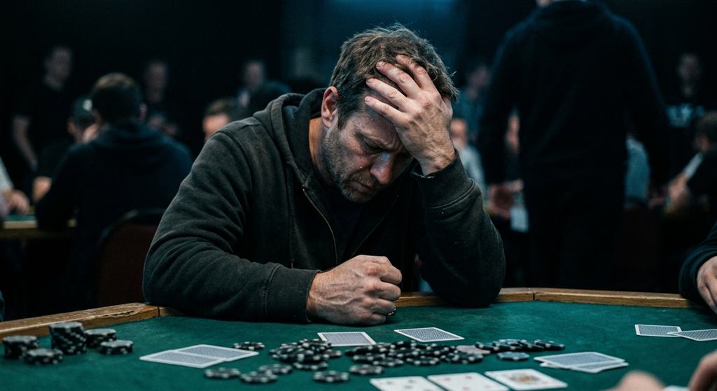 Kartu poker tertutup dan tumpukan cip di atas meja hijau dengan pencahayaan hangat
